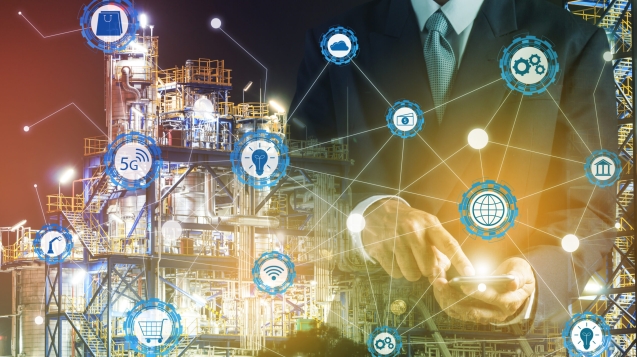 Double exposure of businessman hand hold smartphone working with oil refinery industry plant and industry icons. Factory in the night as communication of energy concept. Smart technology 4.0 and communication.